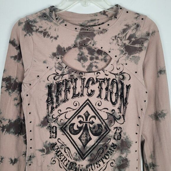 Affliction American Customs Harlow Long Sleeve Top Cutout Studded Tan Size M - Picture 3 of 12